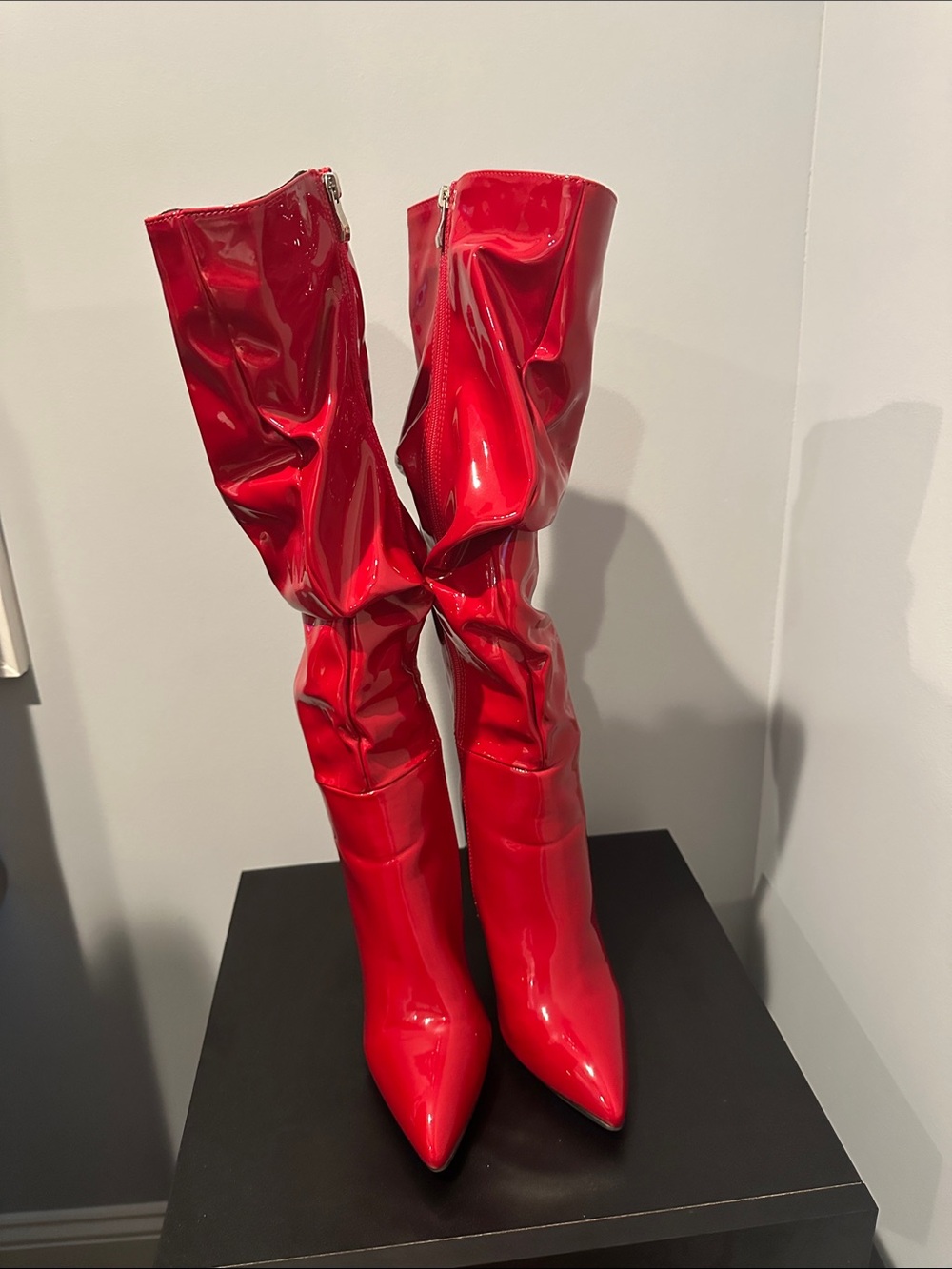 Patent Red Knee-High Stiletto Boots - Women's Fashion Boots - Picture 2 of 4